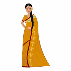 Woman in folk national Indian costume. Indian woman in yellow saree. Vector illustration