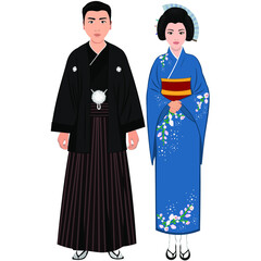 Woman and man in folk national Japanese costumes. Vector illustration