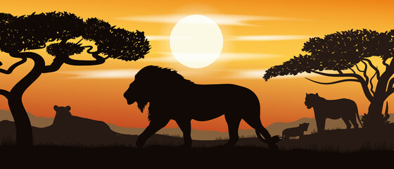 Naklejka na ściany i meble Colorful vector. A family of lions. Safari.