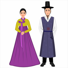Woman and man in folk national Korean costumes. Vector illustration