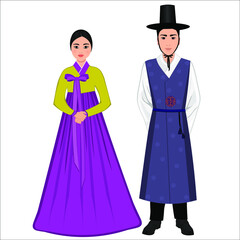 Woman and man in folk national Korean costumes. Vector illustration