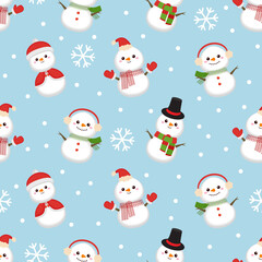 Cute Christmas snowman seamless pattern. Flat vector cartoon design