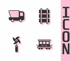 Set Passenger train cars toy, Toy truck, Pinwheel and railway icon. Vector © Vadim
