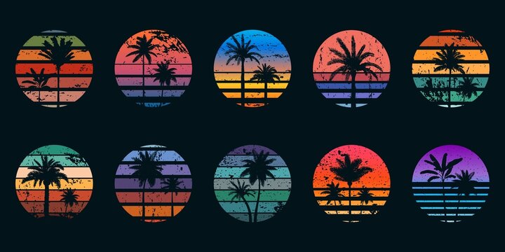 Retro 80s sunsets with palm trees silhouettes for t-shirt prints. Vintage surf design. Tropic summer sundown or sunrise gradient vector set