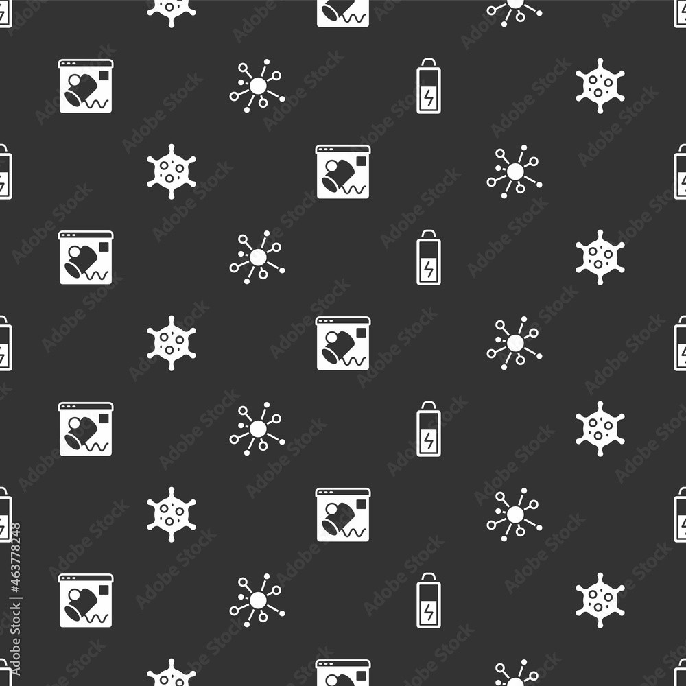 Poster set battery, virus, data visualisation and molecule on seamless pattern. vector