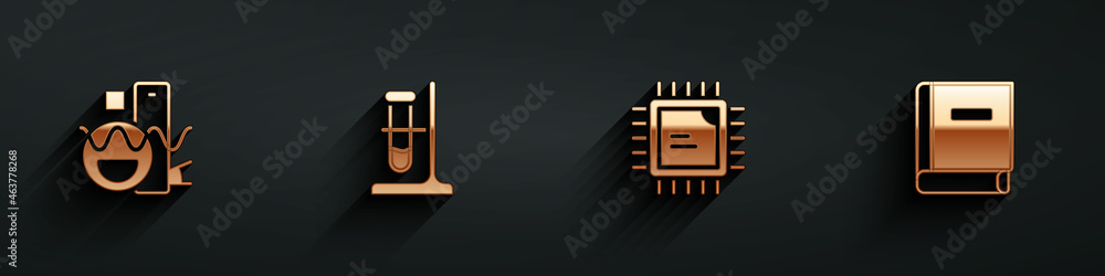 Poster set basic geometric shapes, test tube flask on stand, processor cpu and science book icon with long 