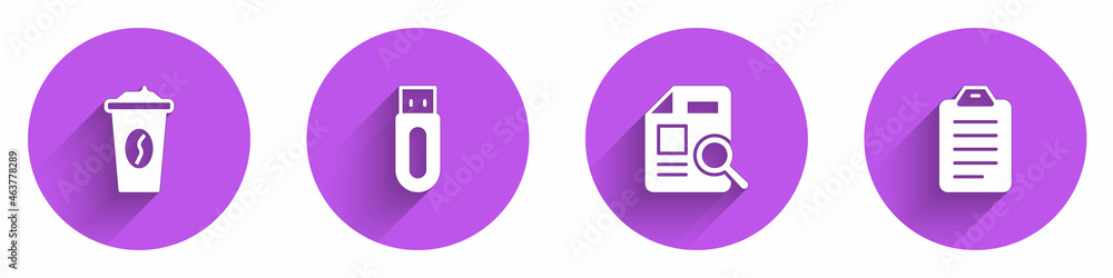 Poster set coffee cup to go, usb flash drive, document with graph chart and to do list or planning icon wit