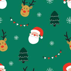 Seamless pattern with Santa Claus, reindeer and snowflakes on a green background. Vector illustration for printing on fabric, packaging paper. cute children's background on the theme of Christmas 