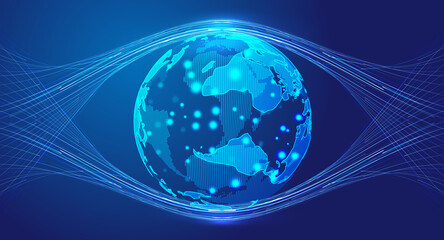 The dot line digital earth is shaped like an eye, symbolizing the concept of globalization and international technology.