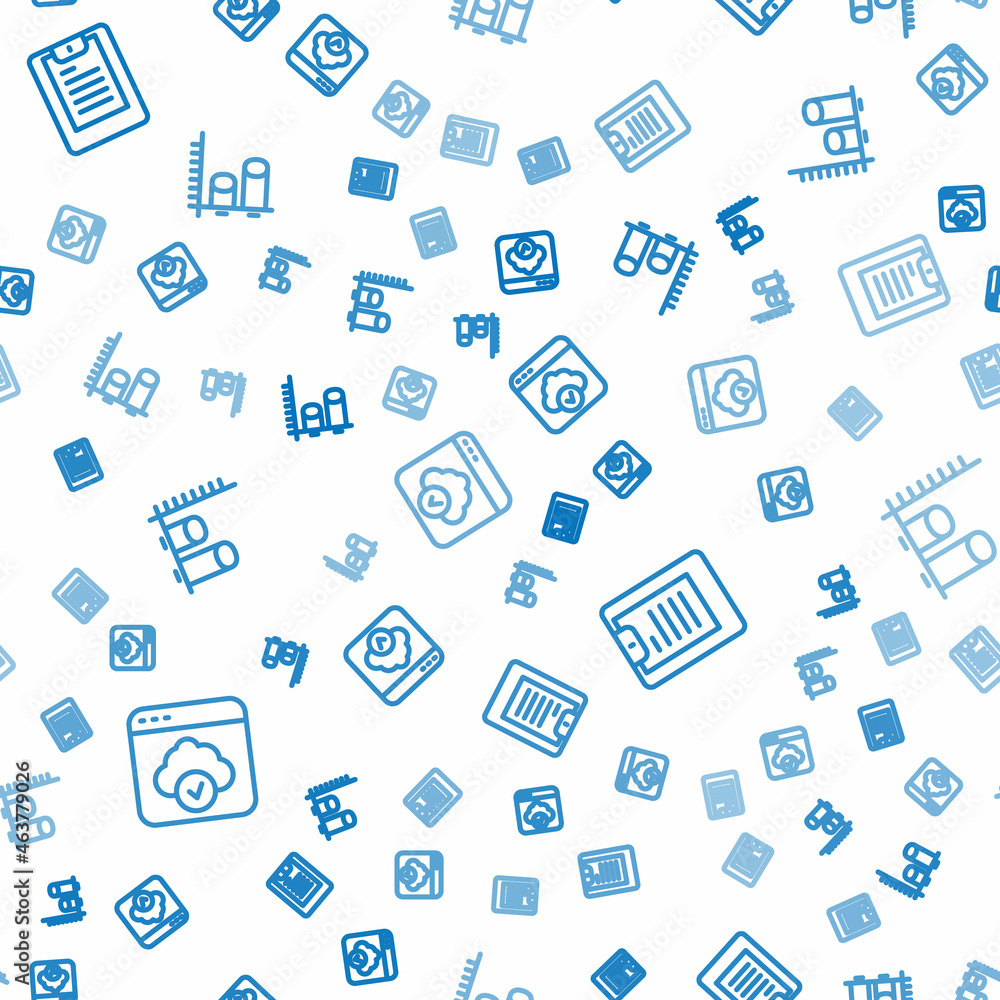 Poster set line cloud technology data transfer, server, data report and analysis on seamless pattern. vecto