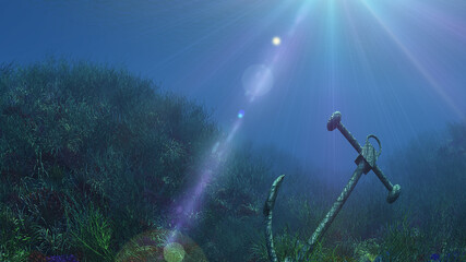 Fototapeta premium anchor under water sun ray illustration
