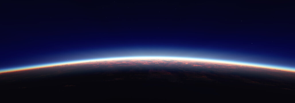 Fototapeta Earth sunrise from space over cloudy ocean. 3d rendering