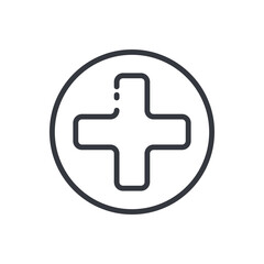 Black linear medical icon of first aid or hospital isolated on transparent background
