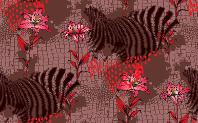 Seamless pattern. Animal skins textures and red flowers. 