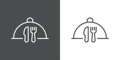 Comida para llevar. Bandeja con cubiertos. Logotipo bandeja de comida con tapa con cuchillo y tenedor con lineas en fondo gris y fondo blanco