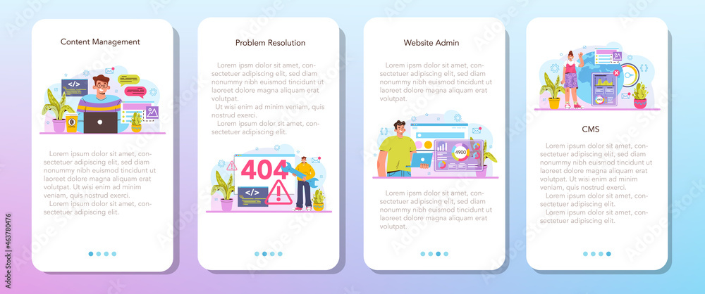 Poster cms mobile application banner set. content management system.