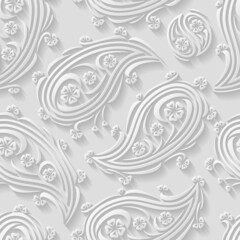 White paisley floral 3d background. Seamless pattern for textiles, packaging, tiles, greeting card decoration. Vector illustration
