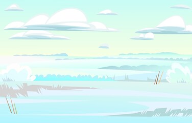 Fototapeta na wymiar Winter glade. Rural landscape with cold white snow and drifts. Beautiful frosty view of countryside hilly plain. Flat design cartoon style. Vector