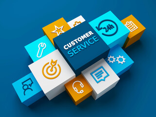 3D render of perspective view of CUSTOMER SERVICE business concept with symbols on colorful cubes on dark blue background