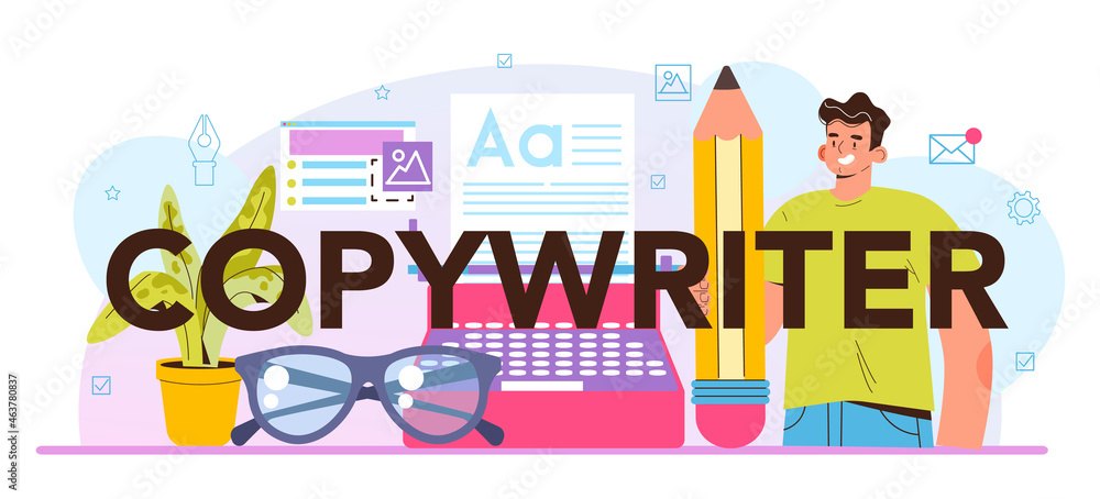 Poster copywriter typographic header. writing texts and layout designing