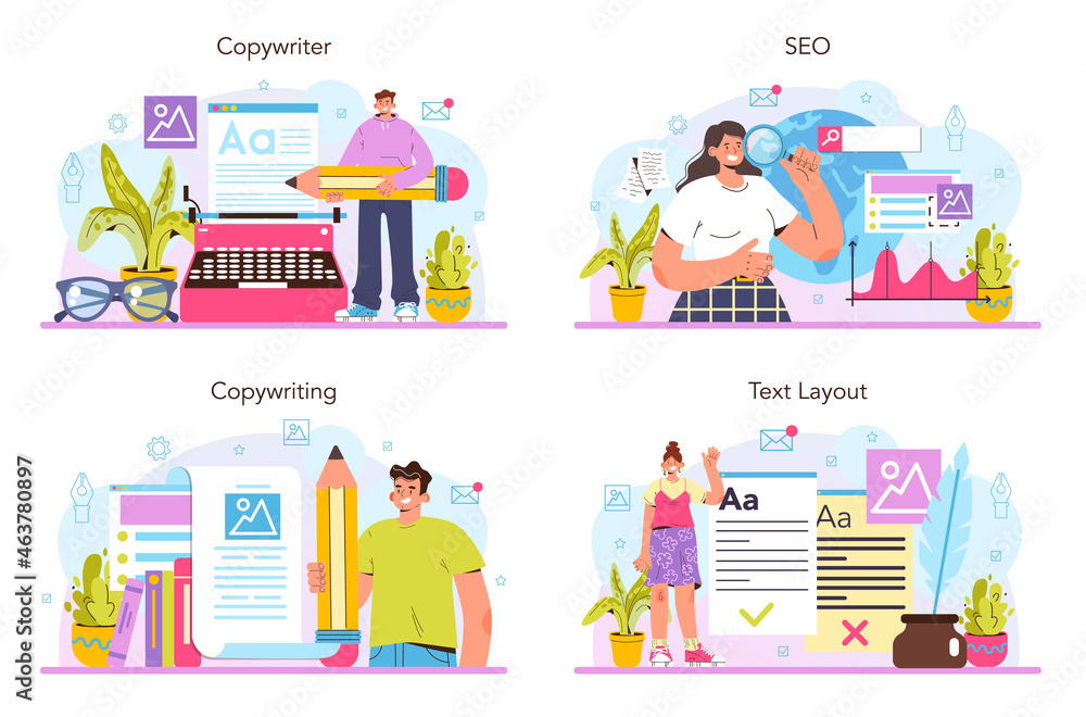 Poster copywriter concept set. writing texts and layout designing for business