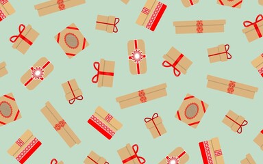 Festive template with different gift boxes with decor elements.