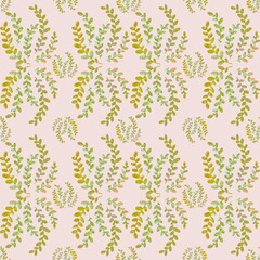 Seamless geometry floral pattern. Simple background green, blue, yellow leaves. Pink background.  Illustration. Designed for textile fabrics, wrapping paper, background, wallpaper, cover.