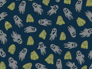 Festive template for halloween. A multi-colored image of ghosts and monsters on a dark background.