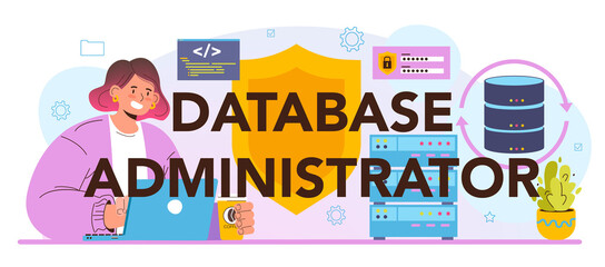 Data base administrator typographic header. Manager working at data center