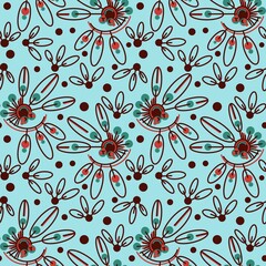 Seamless geometry floral pattern. Simple background blue, orange, brown leaves and flowers. Blue background.  Illustration. Designed for textile fabrics, wrapping paper, background, wallpaper, cover.