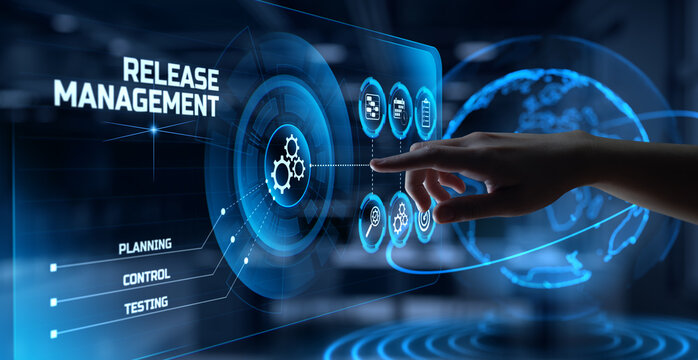 Release Management Agile Development SCRUM Planning. Hand Pressing Button On Screen.