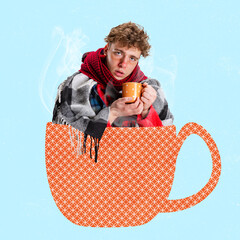 Contemporary art collage of sick boy in scarf with cup of tea sitting in big pattern mug isolated over blue background