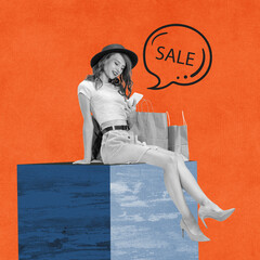 Contemporary art collage of young woman with phone surrounded by many shopping bags isolated over orange background