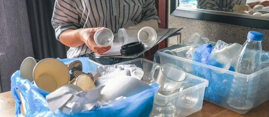 Garbage Sorting garbage onto glass, sheets and paper at home Garbage recycling, pollution proof, anti plastic, Zero waste, eco friendly Deliberate sorting of garbage