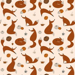 Abstract seamless pattern with foxes, pumpkins and coffe cups. Autumn design for fabric, textile, wallpaper and packaging 