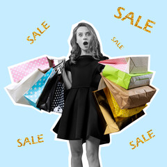 Contemporary art collage of young excited woman holding many shopping bags isolated over blue...