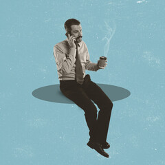 Contemporary art collage of businessman in official cloth sitting with coffee and talking on his phone isolated over blue background