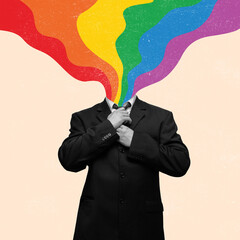 Contemporary art collage of businessman in official suit with rainbow head isolated over beige background