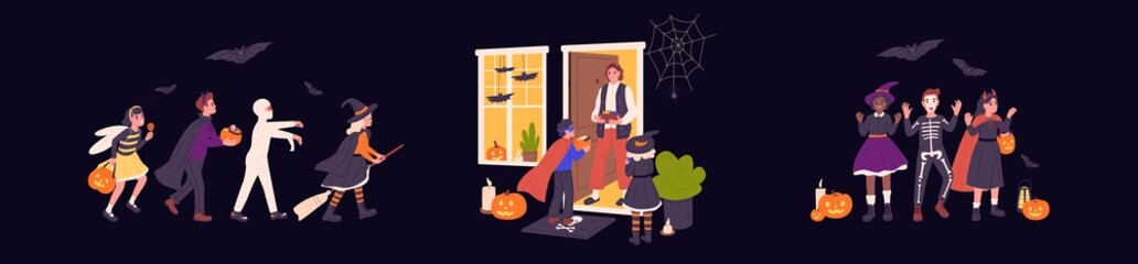 Kids in spooky Halloween costumes. Scenes with cute happy children in creepy carnival clothes with witch hat, broom and pumpkin at autumn October holiday night. Colored flat vector illustrations