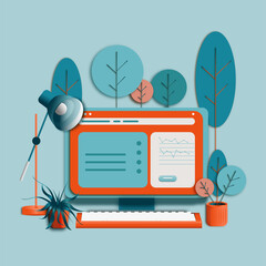 Flat illustration, computer monitor, table lamp, flowers