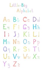 Set of capital and lowercase letters from the English alphabet in the form of funny and cute cartoon characters of adults and babies. Pastel colors. Vector illustration
