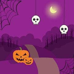 Halloween landscape themed purple. The scene is on a hill with a path that goes forwards. There's carved pumpkins, spider webs, a crescent, skulls and a dry, dead forest covered by fog. 