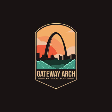 Emblem sticker patch logo illustration of Gateway Arch National Park on dark background, cityscape vector badge