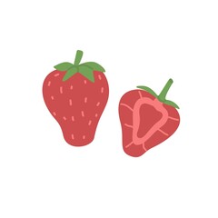 Strawberries composition, whole fruit and its cut half piece. Fresh red berries with peduncle. Healthy summer food. Flat vector illustration isolated on white background