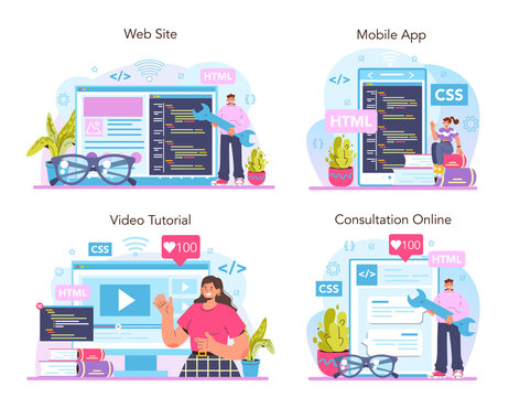 Website development online service or platform set. HTML coding process.