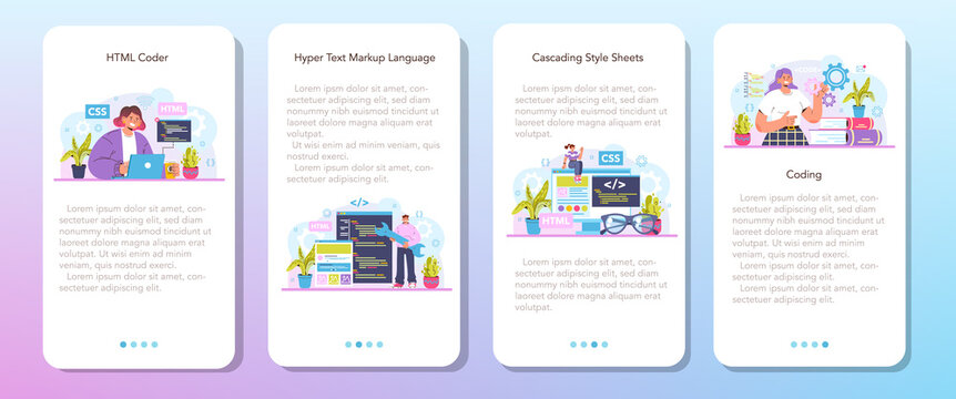 Website development mobile application banner set. HTML coding