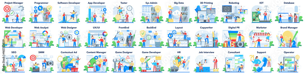 Poster modern it or media profession set. programmer write software