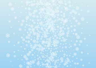 Light Snow Background Vector Blue. Snowflake Magical Illustration. White Confetti Frozen Texture. Luxury Flake Card.