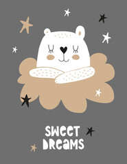 Cute Little Bear Sleeping on a White Fluffy Cloud on Dark Gray Background. Simple Nursery Vector Illustrations with Baby Bear, Stars and Cloud ideal for Card, Wall Art, Poster, Kids Room Decoration.
