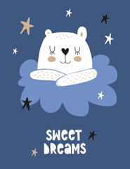 Cute Little Bear Sleeping on a White Fluffy Cloud on Dark Blue Background. Simple Nursery Vector Illustrations with Baby Bear, Stars and Cloud ideal for Card, Wall Art, Poster, Kids Room Decoration.